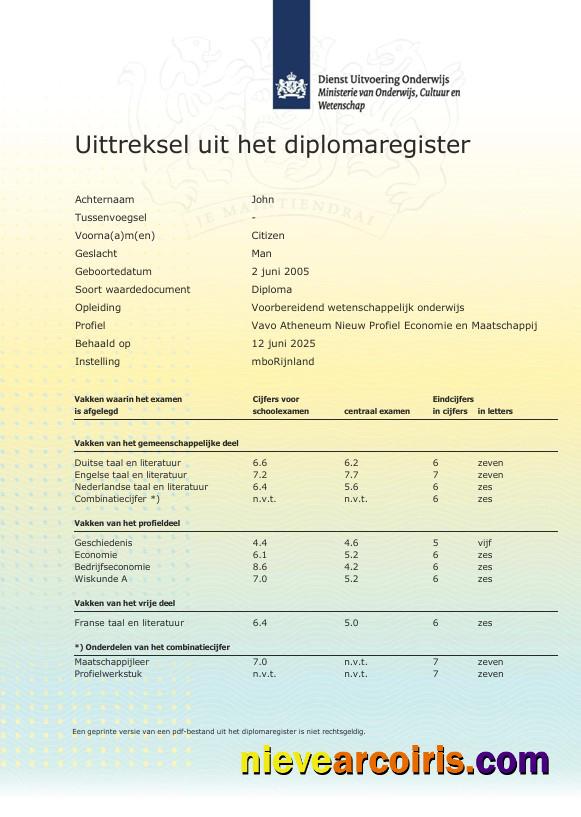 Netherlands MboRijnland Diploma Register Extract